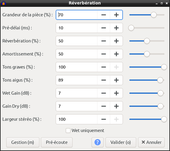 Paramètres effet réverbération de Audacity